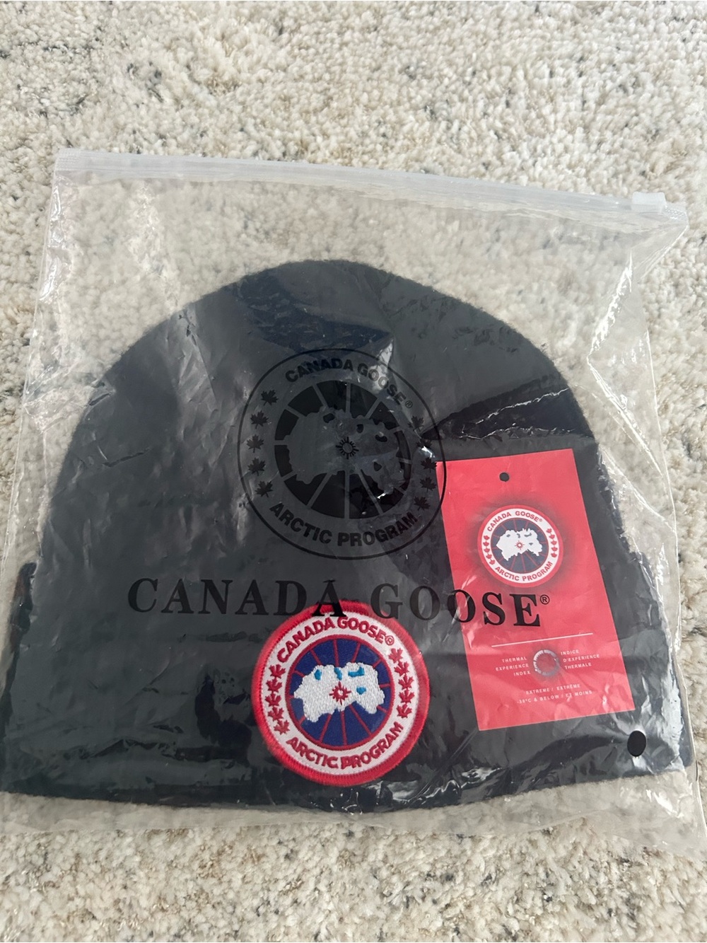 Canada Goose Black Knit Beanie with Blue Care Tag